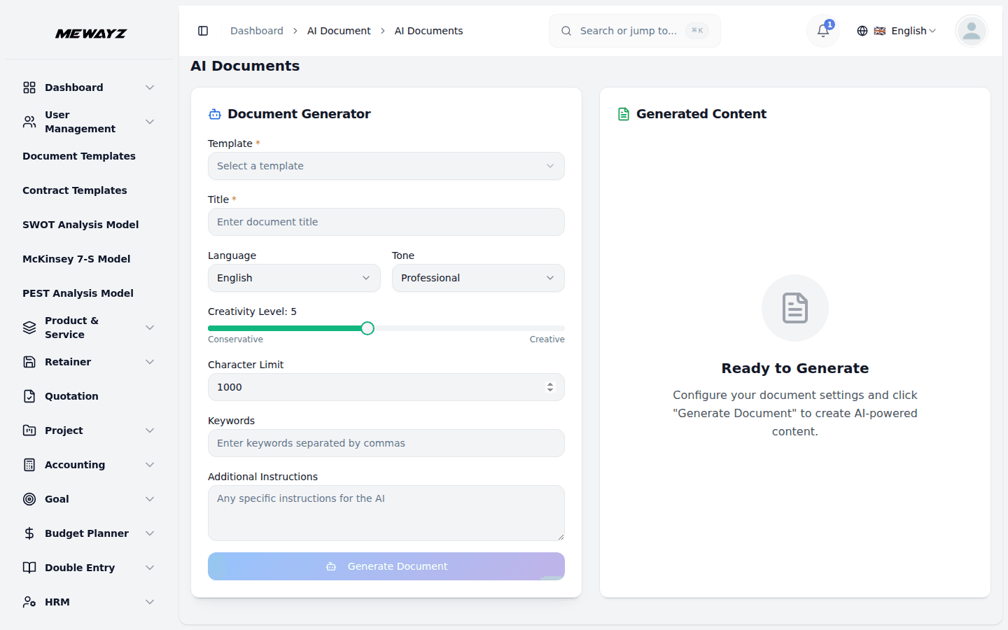 Mewayz AI Document Writer module screenshot