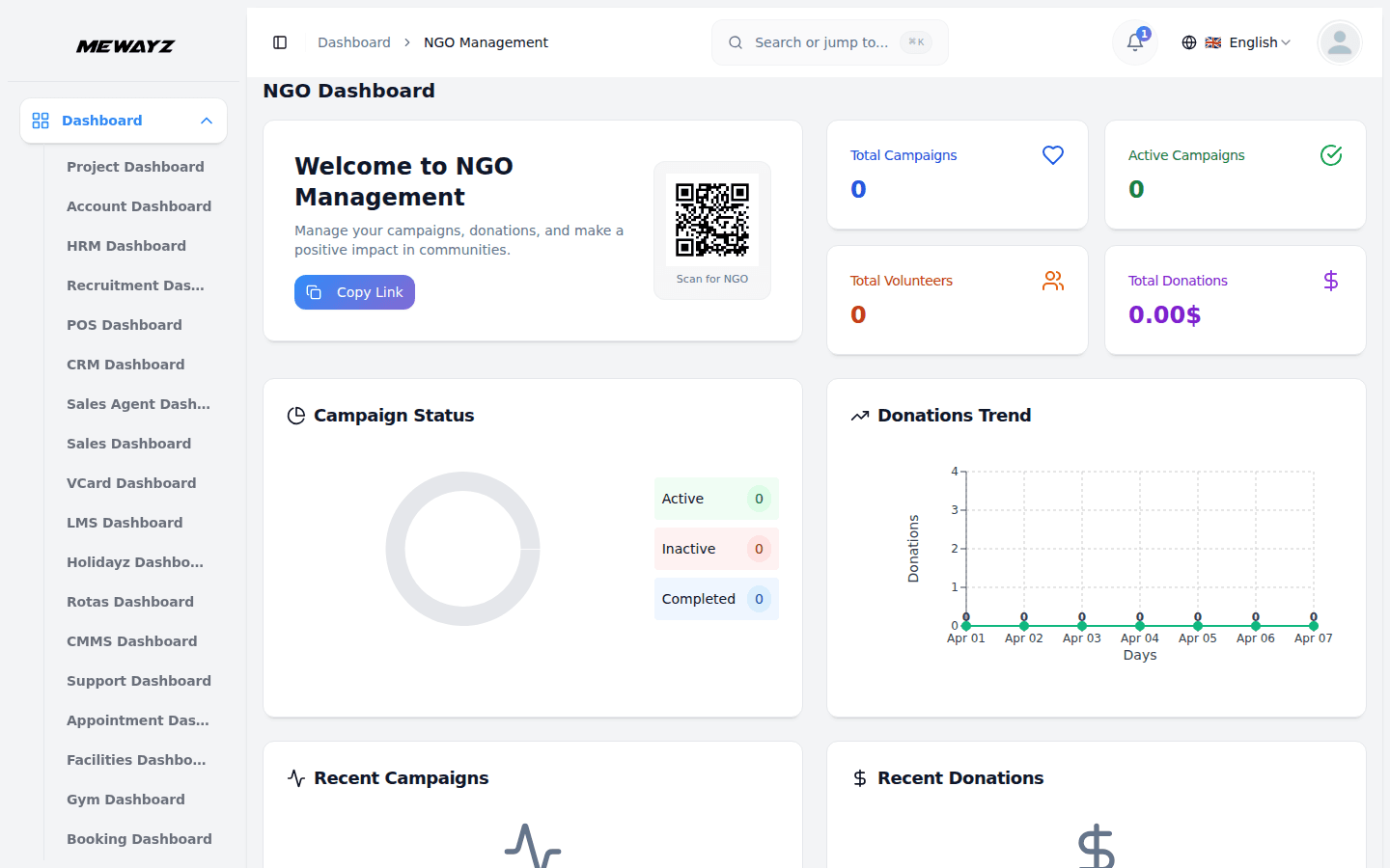 Mewayz NGO and nonprofit management dashboard — donors, programs, and grants